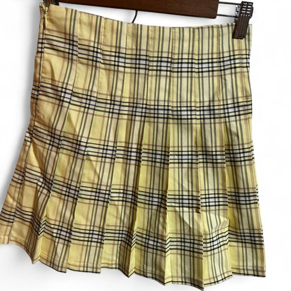 Yellow plaid‎ pleated mini skirt xs1